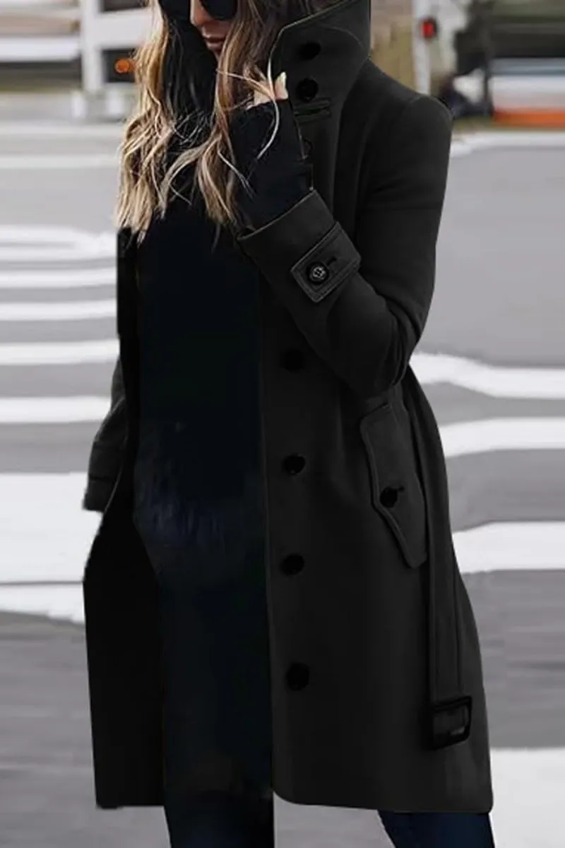 Chouyatou Women's Single Breasted Stand Collar Wool Coat Business Casual Midi Long Winter Pea Coat
