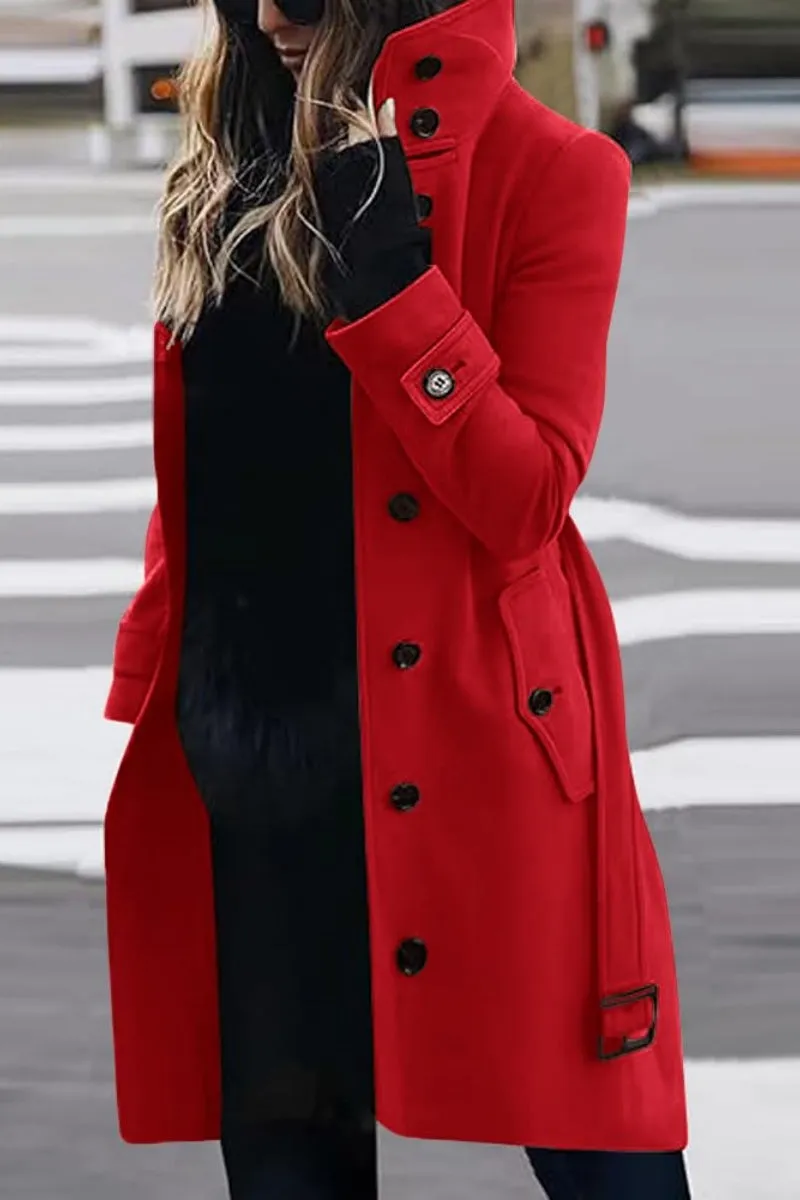 Chouyatou Women's Single Breasted Stand Collar Wool Coat Business Casual Midi Long Winter Pea Coat