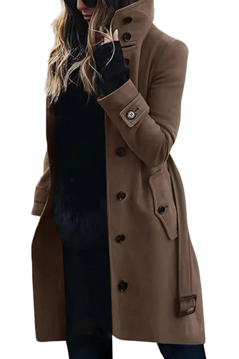 Chouyatou Women's Single Breasted Stand Collar Wool Coat Business Casual Midi Long Winter Pea Coat