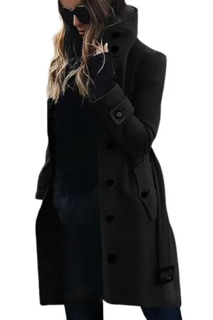 Chouyatou Women's Single Breasted Stand Collar Wool Coat Business Casual Midi Long Winter Pea Coat