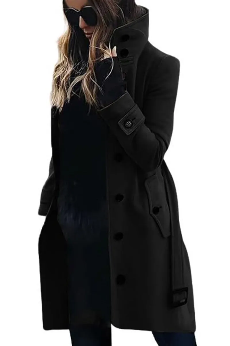 Chouyatou Women's Single Breasted Stand Collar Wool Coat Business Casual Midi Long Winter Pea Coat