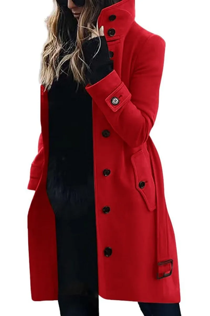 Chouyatou Women's Single Breasted Stand Collar Wool Coat Business Casual Midi Long Winter Pea Coat