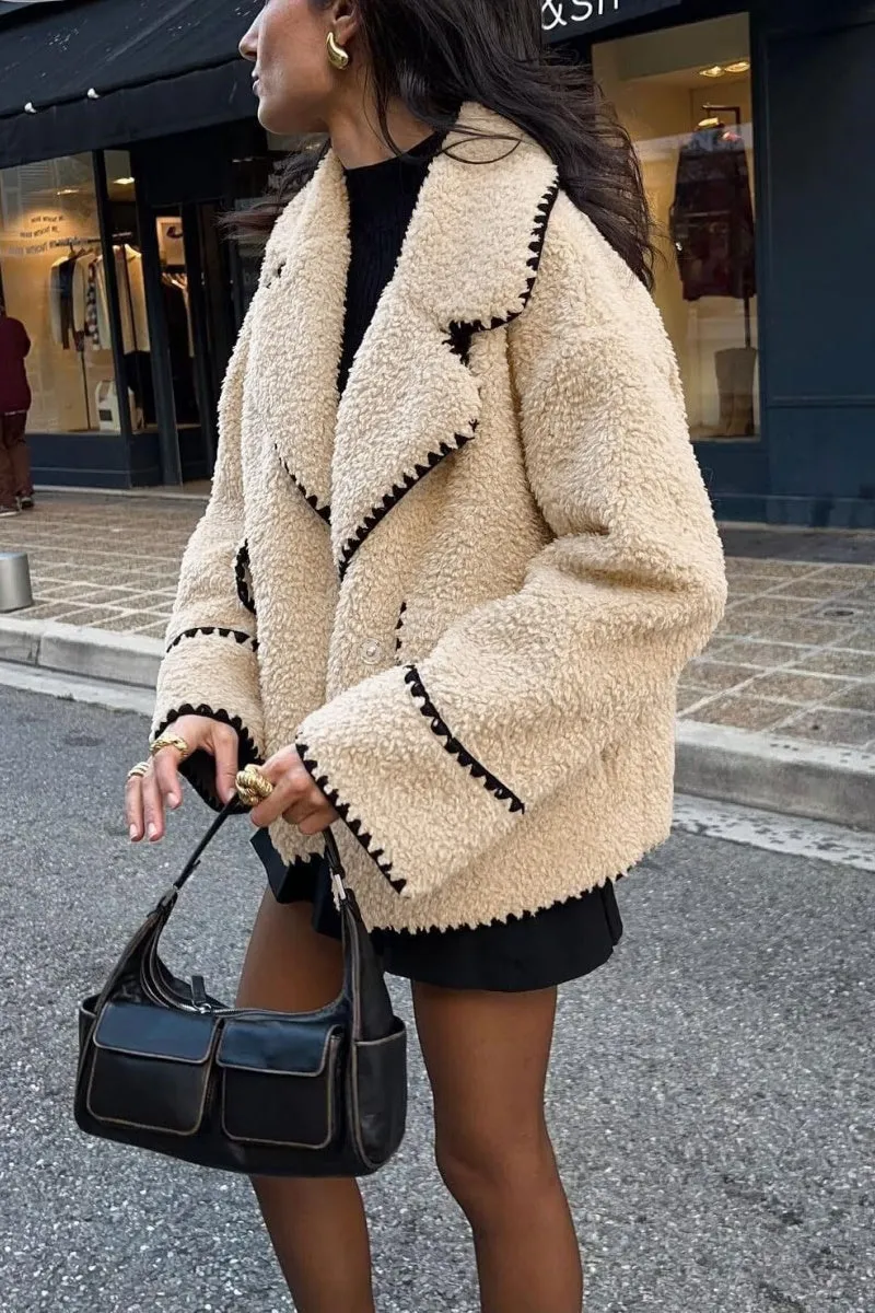 Chouyatou Women's Winter Casual Embroidered Sherpa Jacket Notch Lapel Fuzzy Faux Fur Fleece Jacket Coat