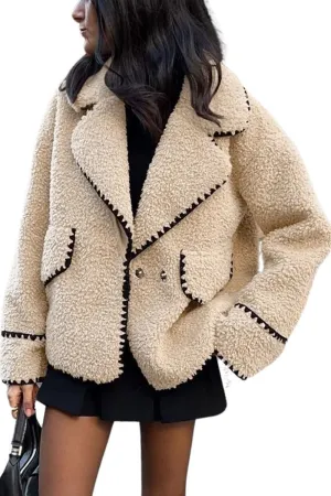 Chouyatou Women's Winter Casual Embroidered Sherpa Jacket Notch Lapel Fuzzy Faux Fur Fleece Jacket Coat