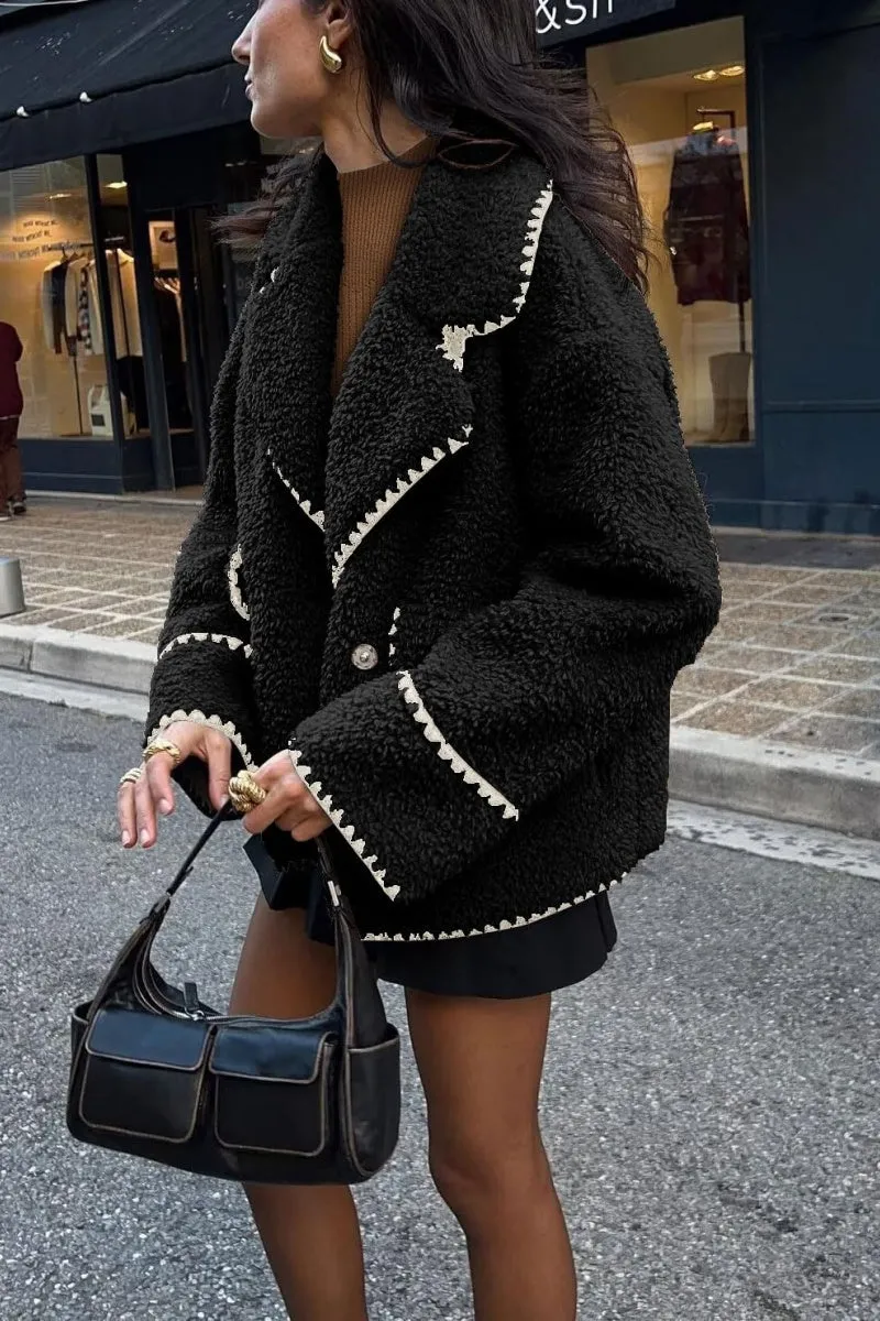Chouyatou Women's Winter Casual Embroidered Sherpa Jacket Notch Lapel Fuzzy Faux Fur Fleece Jacket Coat