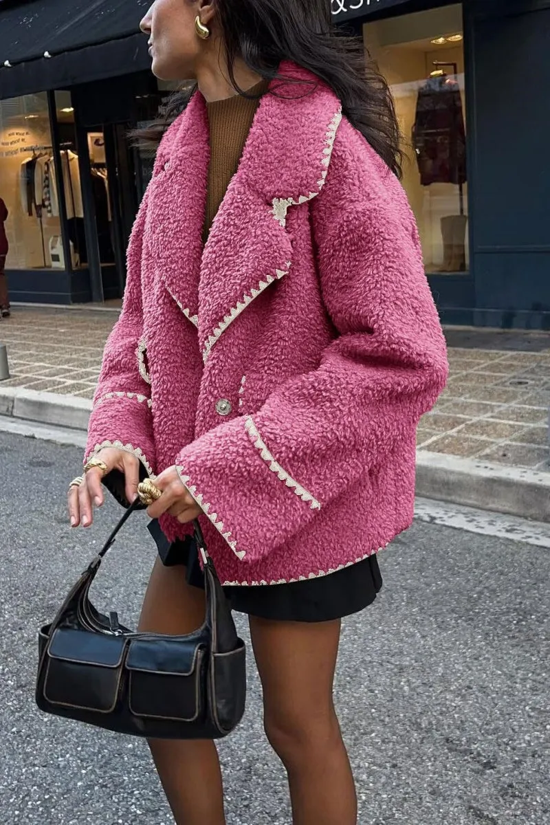 Chouyatou Women's Winter Casual Embroidered Sherpa Jacket Notch Lapel Fuzzy Faux Fur Fleece Jacket Coat