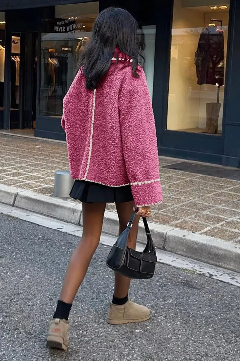 Chouyatou Women's Winter Casual Embroidered Sherpa Jacket Notch Lapel Fuzzy Faux Fur Fleece Jacket Coat
