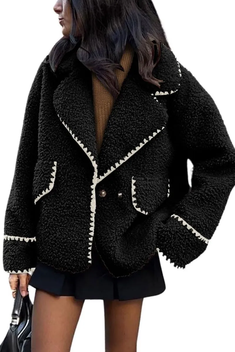 Chouyatou Women's Winter Casual Embroidered Sherpa Jacket Notch Lapel Fuzzy Faux Fur Fleece Jacket Coat