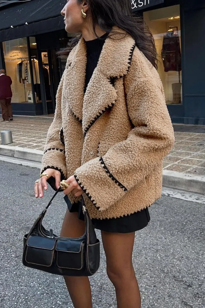 Chouyatou Women's Winter Casual Embroidered Sherpa Jacket Notch Lapel Fuzzy Faux Fur Fleece Jacket Coat