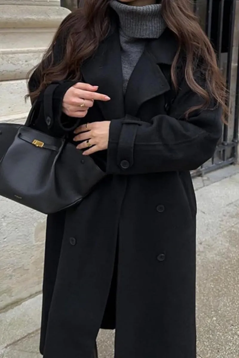 Chouyatou Women's Winter Double Breasted Wool Coat Long Sleeve Notch Lapel Midi Long Winter Trench Coat with Belt