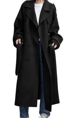 Chouyatou Women's Winter Double Breasted Wool Coat Long Sleeve Notch Lapel Midi Long Winter Trench Coat with Belt