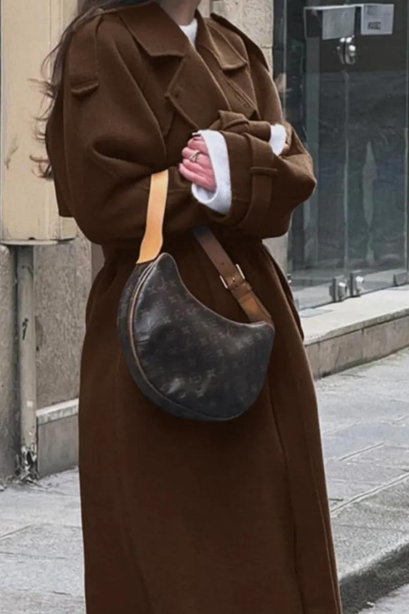 Chouyatou Women's Winter Double Breasted Wool Coat Long Sleeve Notch Lapel Midi Long Winter Trench Coat with Belt