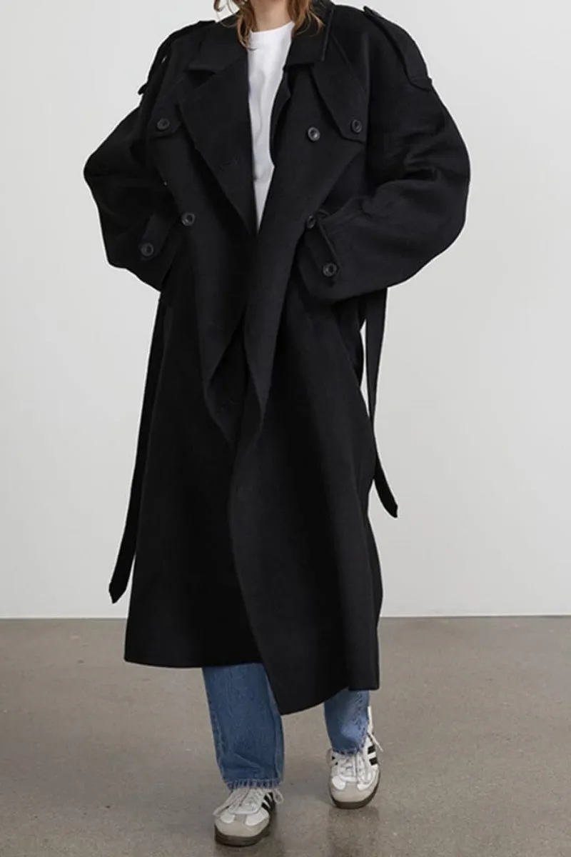 Chouyatou Women's Winter Double Breasted Wool Coat Long Sleeve Notch Lapel Midi Long Winter Trench Coat with Belt