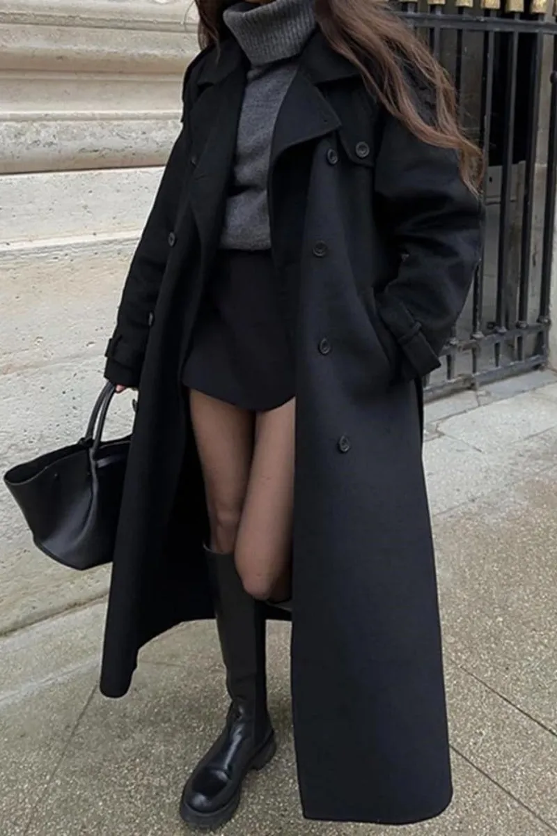 Chouyatou Women's Winter Double Breasted Wool Coat Long Sleeve Notch Lapel Midi Long Winter Trench Coat with Belt