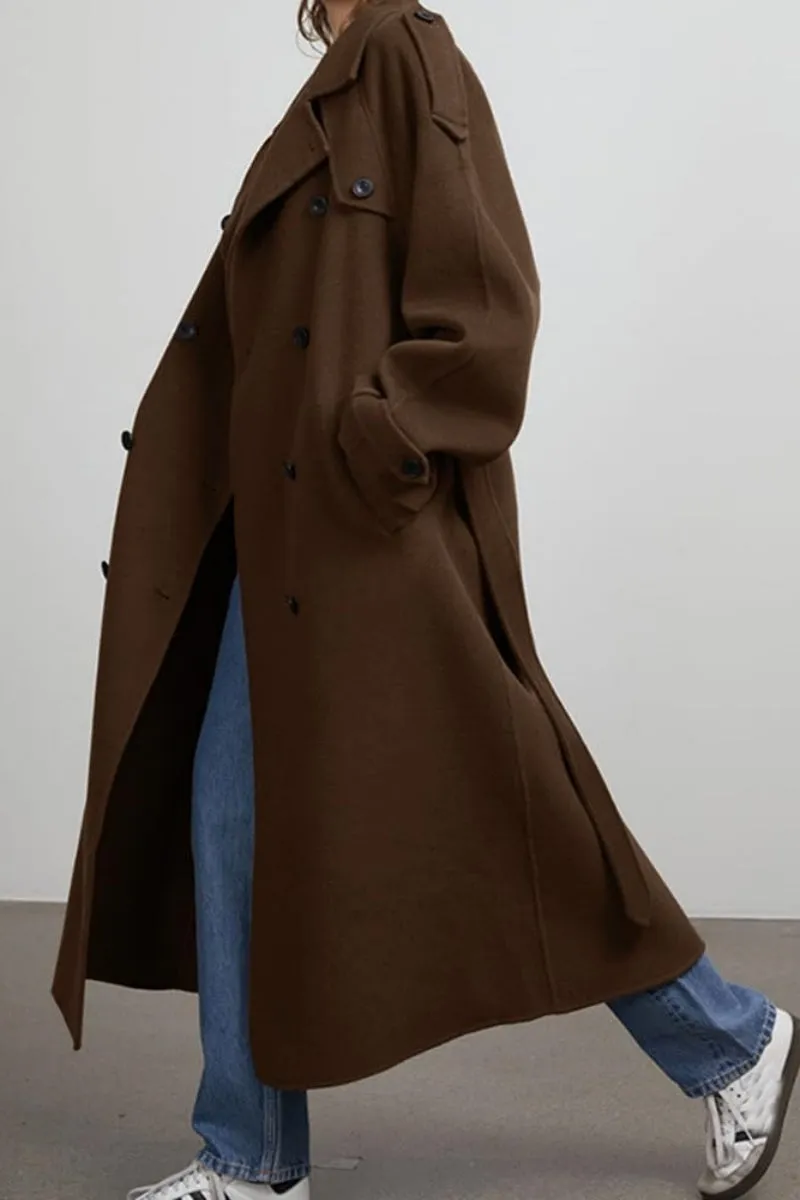 Chouyatou Women's Winter Double Breasted Wool Coat Long Sleeve Notch Lapel Midi Long Winter Trench Coat with Belt