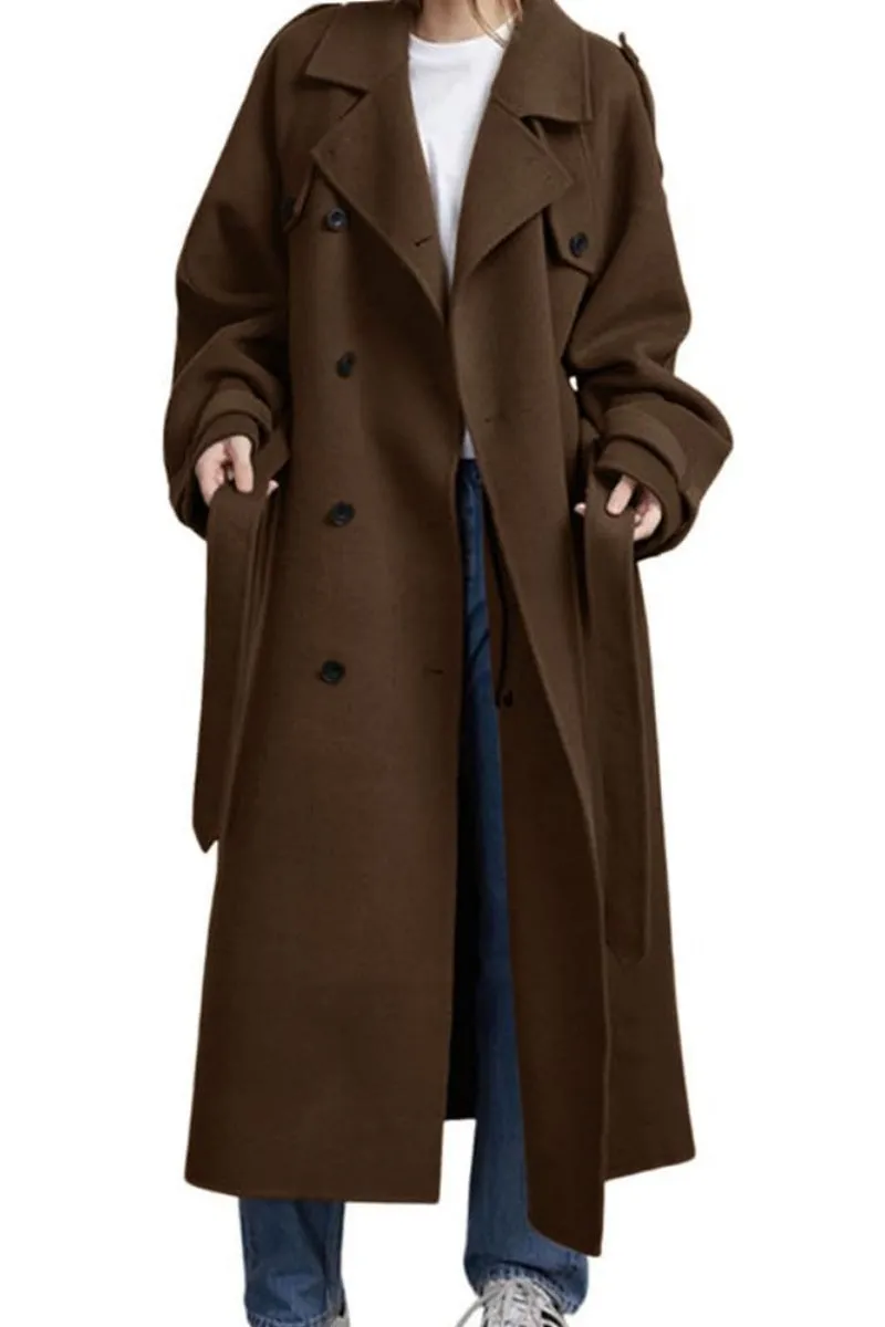 Chouyatou Women's Winter Double Breasted Wool Coat Long Sleeve Notch Lapel Midi Long Winter Trench Coat with Belt
