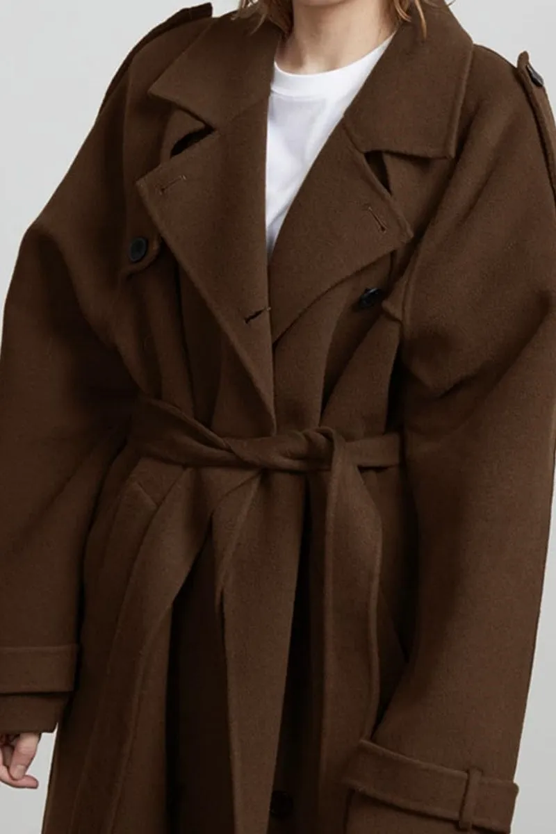 Chouyatou Women's Winter Double Breasted Wool Coat Long Sleeve Notch Lapel Midi Long Winter Trench Coat with Belt