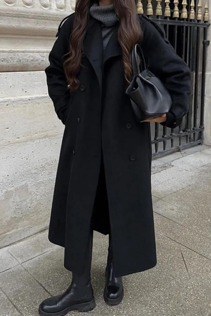 Chouyatou Women's Winter Double Breasted Wool Coat Long Sleeve Notch Lapel Midi Long Winter Trench Coat with Belt