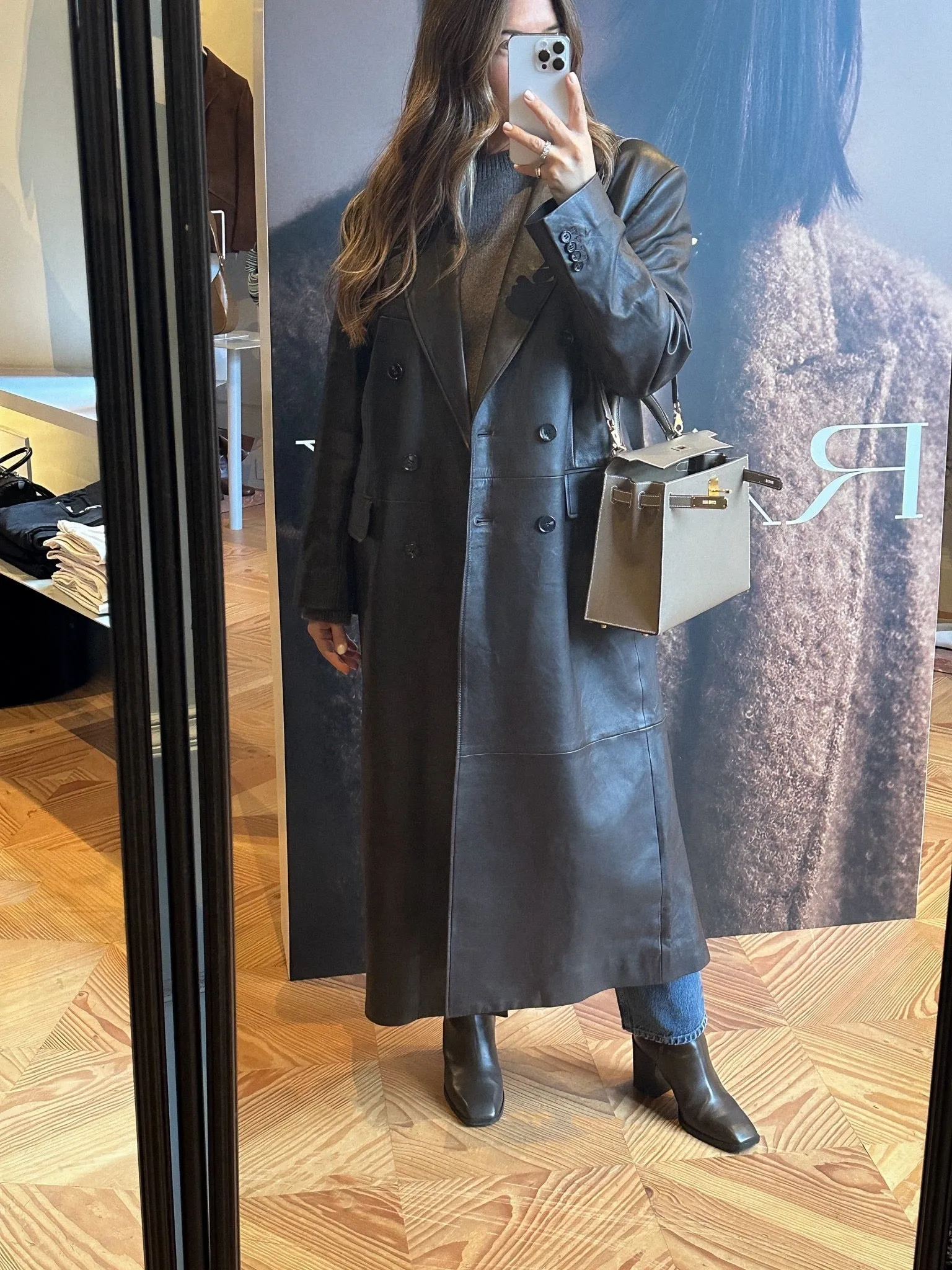 cos Brown Double Breasted Leather Coat UK 14
