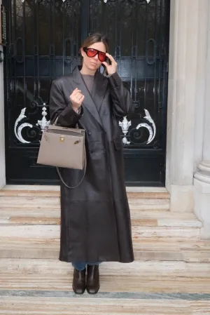 cos Brown Double Breasted Leather Coat UK 14