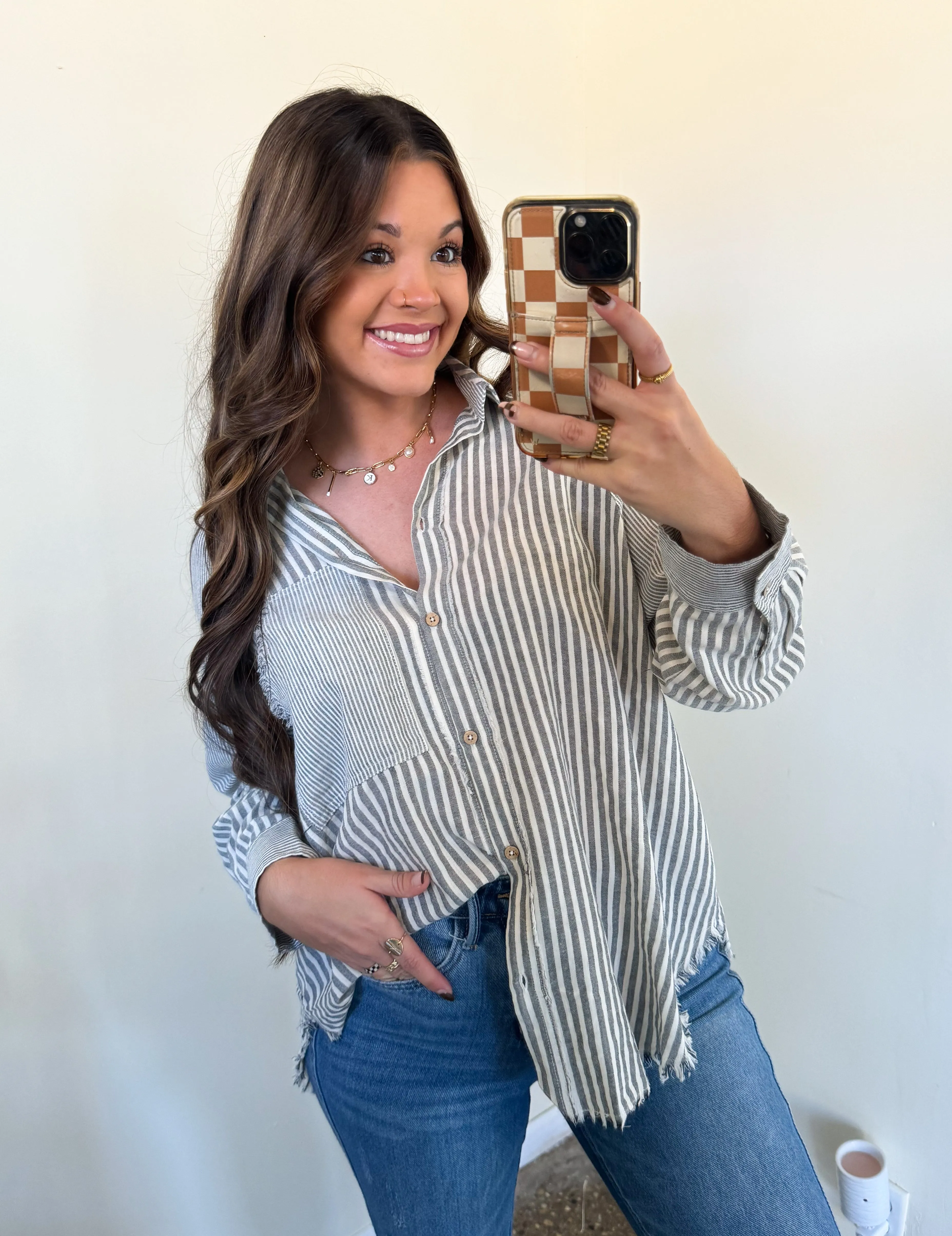 DAY TO DAY BUTTON DOWN TOP-GREY STRIPE
