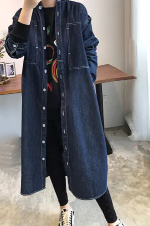 Denim Single-breasted Long Coat