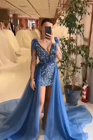 Elegant Mini V-Neck Long Sleeveless Sheath Sequins Prom Dresses
