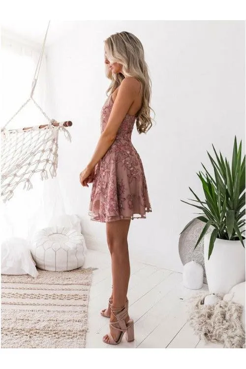 Elegant Pink Floral Homecoming Dresses Spaghetti Straps Lace Appliques Hoco Dresses