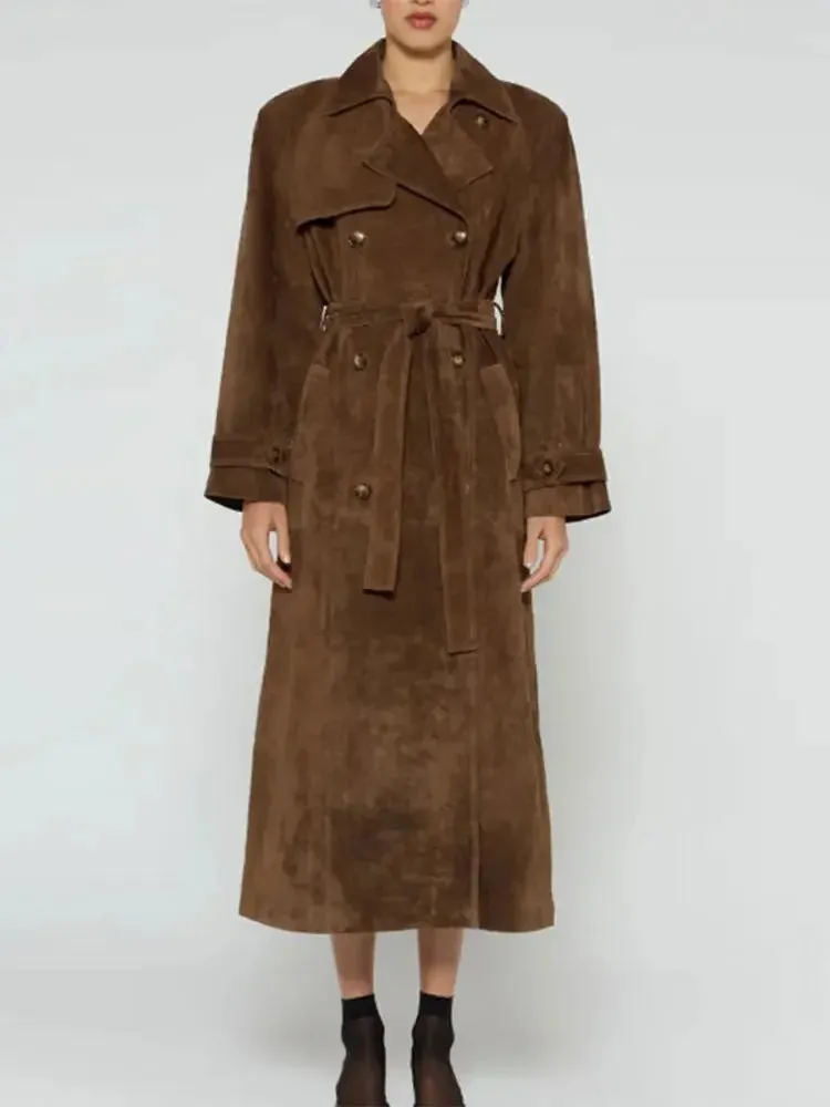 Elegant Suede Long Coat w/ Belt Double Button Lapel Windbreaker Coat New Fashion Oversized High Quality Jacket