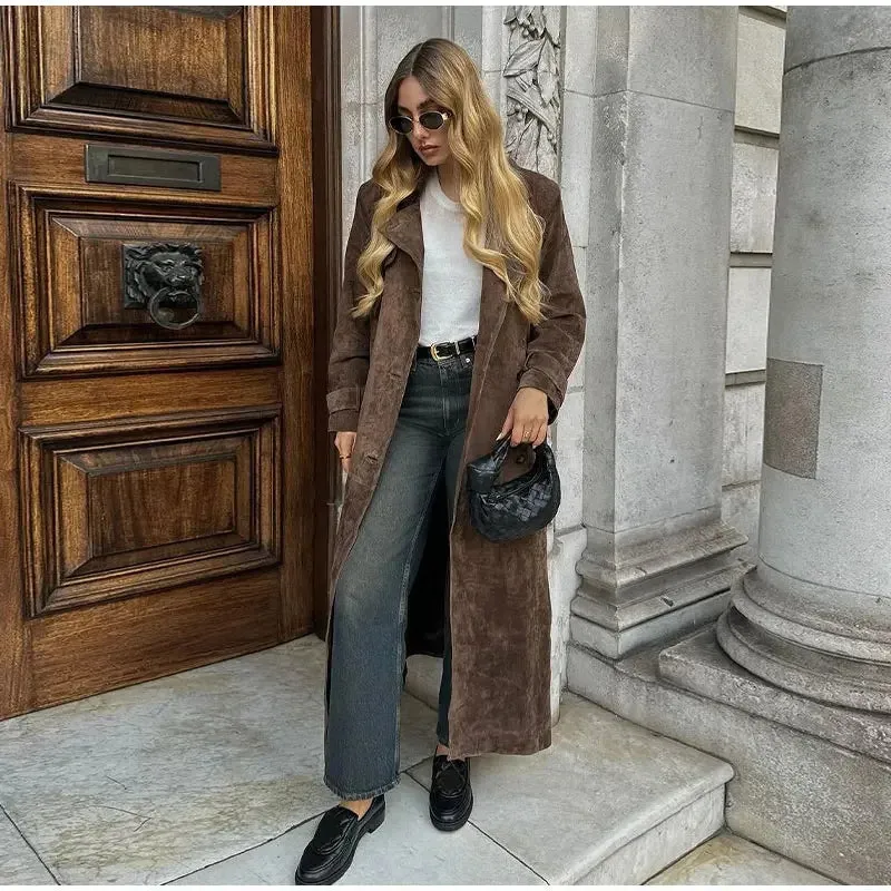 Elegant Suede Long Coat w/ Belt Double Button Lapel Windbreaker Coat New Fashion Oversized High Quality Jacket