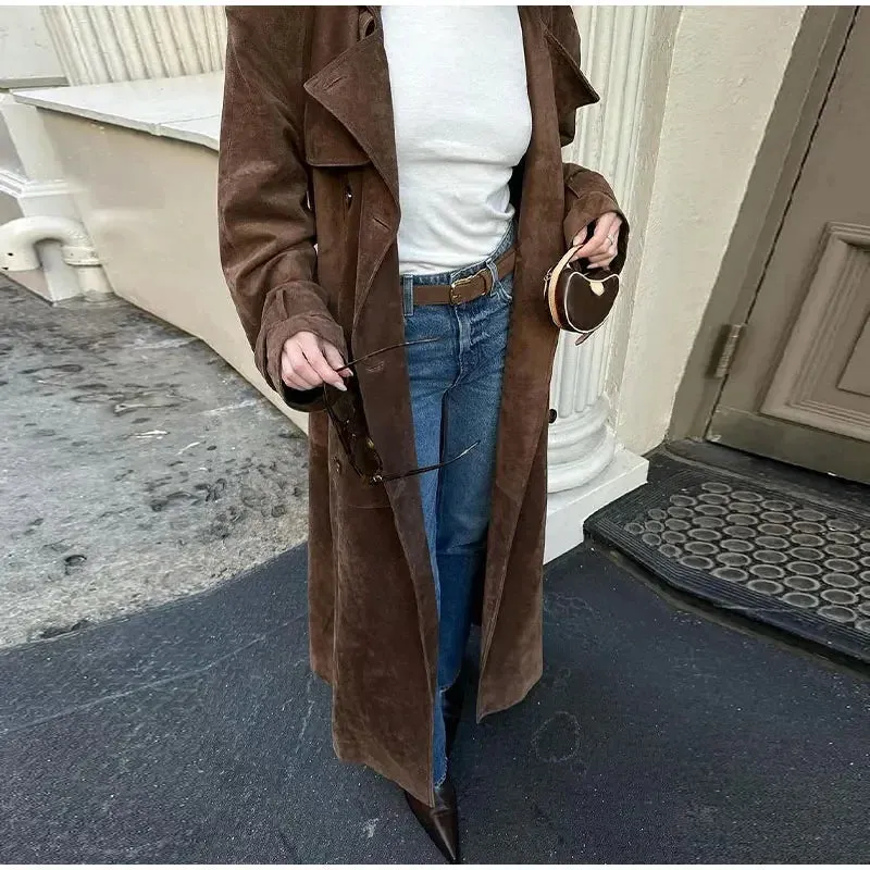 Elegant Suede Long Coat w/ Belt Double Button Lapel Windbreaker Coat New Fashion Oversized High Quality Jacket