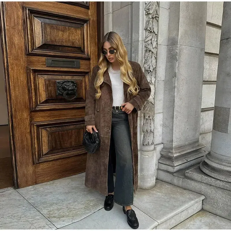Elegant Suede Long Coat w/ Belt Double Button Lapel Windbreaker Coat New Fashion Oversized High Quality Jacket