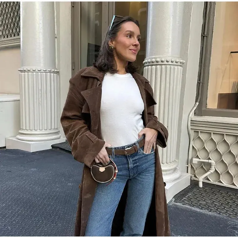 Elegant Suede Long Coat w/ Belt Double Button Lapel Windbreaker Coat New Fashion Oversized High Quality Jacket