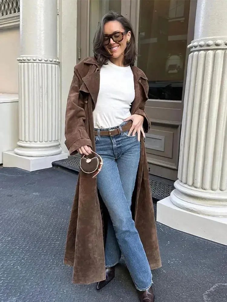 Elegant Suede Long Coat w/ Belt Double Button Lapel Windbreaker Coat New Fashion Oversized High Quality Jacket