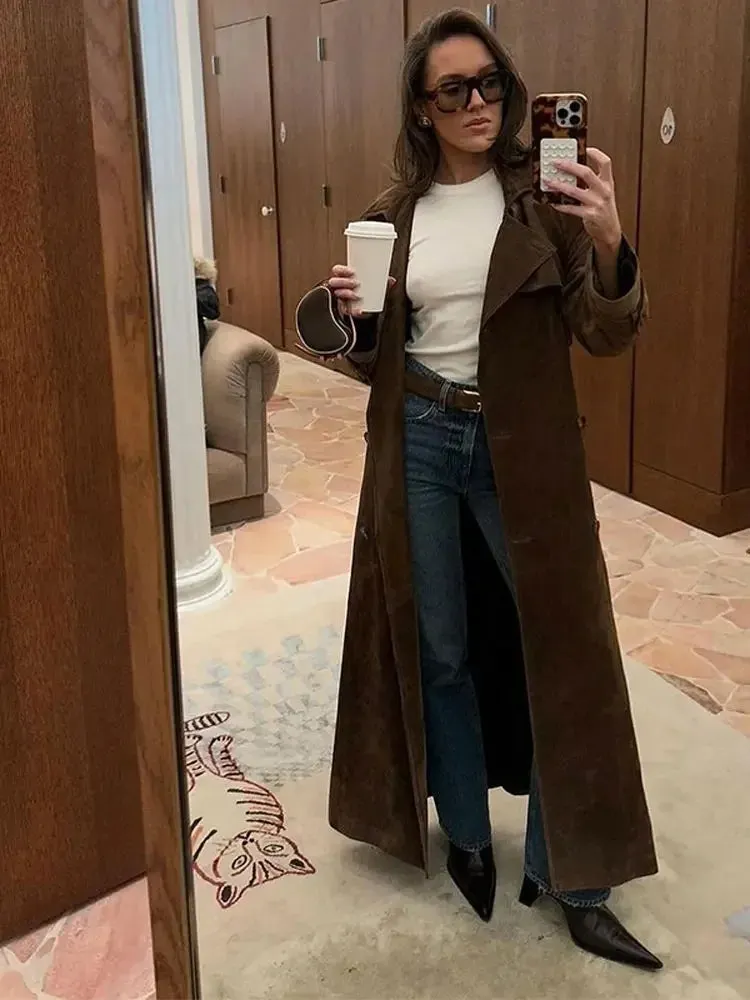 Elegant Suede Long Coat w/ Belt Double Button Lapel Windbreaker Coat New Fashion Oversized High Quality Jacket