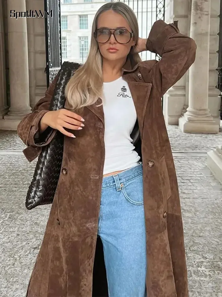 Elegant Suede Long Coat w/ Belt Double Button Lapel Windbreaker Coat New Fashion Oversized High Quality Jacket