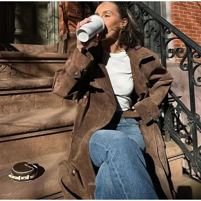 Elegant Suede Long Coat w/ Belt Double Button Lapel Windbreaker Coat New Fashion Oversized High Quality Jacket