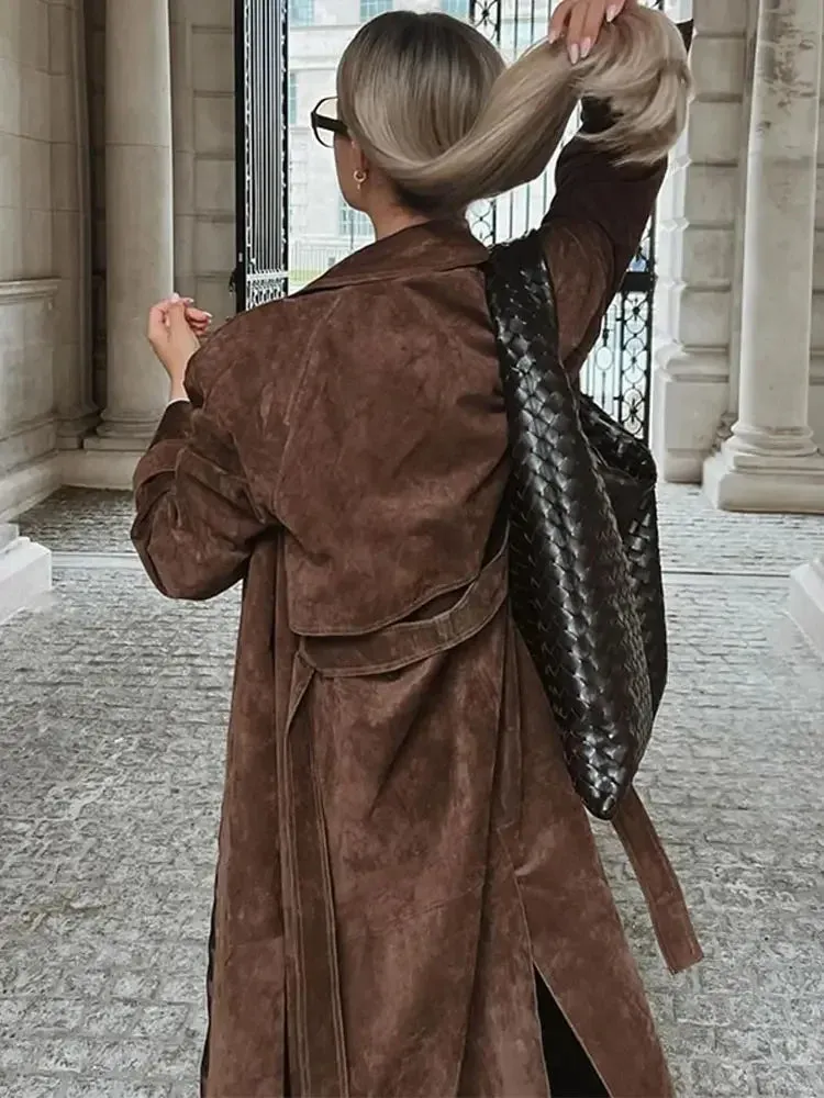 Elegant Suede Long Coat w/ Belt Double Button Lapel Windbreaker Coat New Fashion Oversized High Quality Jacket