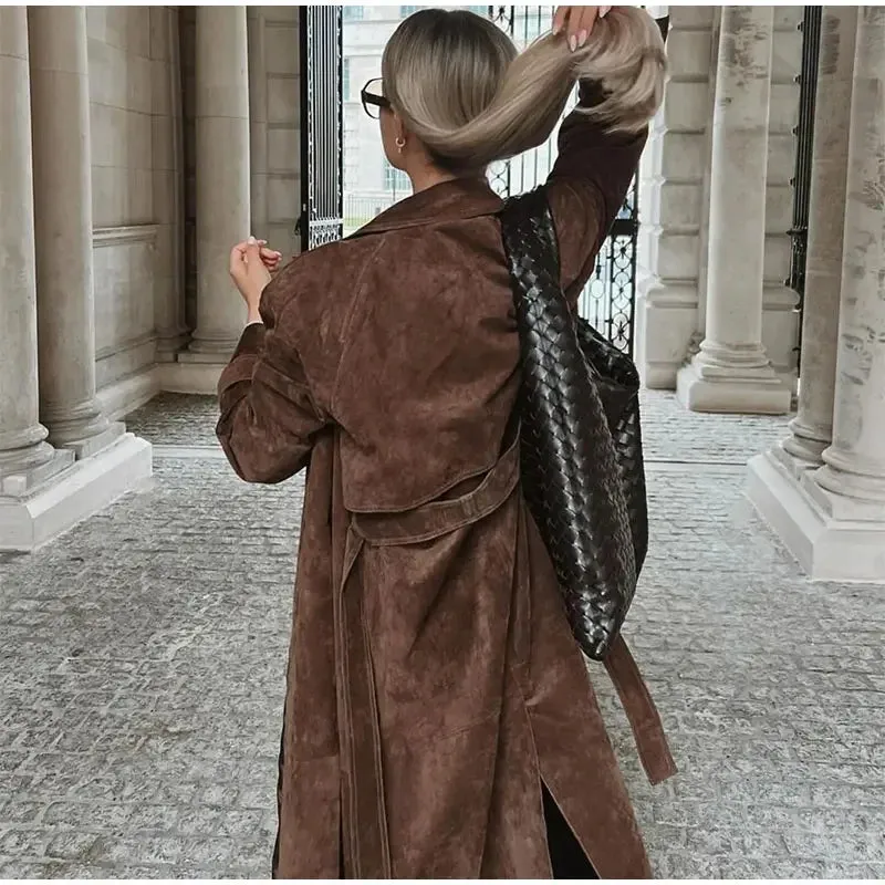 Elegant Suede Long Coat w/ Belt Double Button Lapel Windbreaker Coat New Fashion Oversized High Quality Jacket