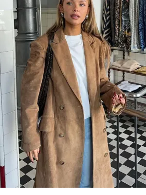 Elegant Suede Long Coat w/ Belt Double Button Lapel Windbreaker Coat New Fashion Oversized High Quality Jacket