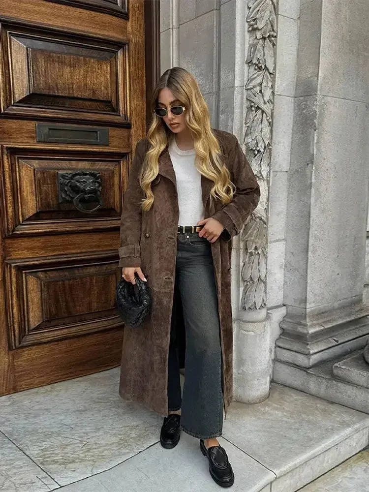 Elegant Suede Long Coat w/ Belt Double Button Lapel Windbreaker Coat New Fashion Oversized High Quality Jacket