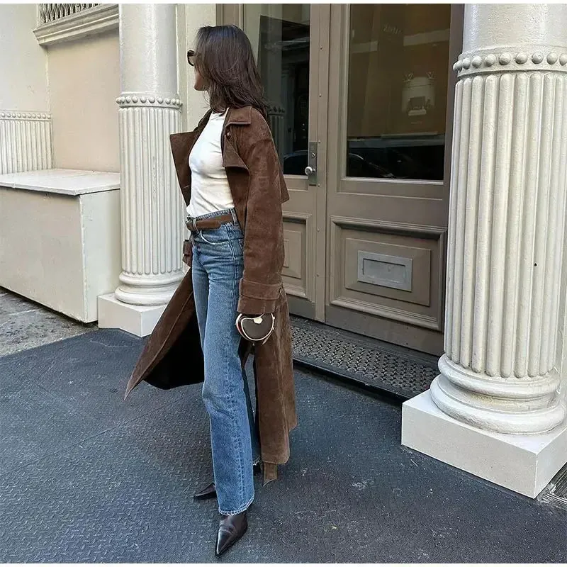 Elegant Suede Long Coat w/ Belt Double Button Lapel Windbreaker Coat New Fashion Oversized High Quality Jacket