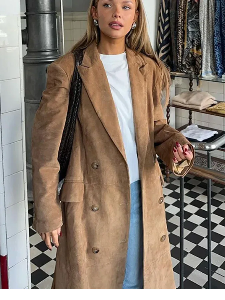 Elegant Suede Long Coat w/ Belt Double Button Lapel Windbreaker Coat New Fashion Oversized High Quality Jacket