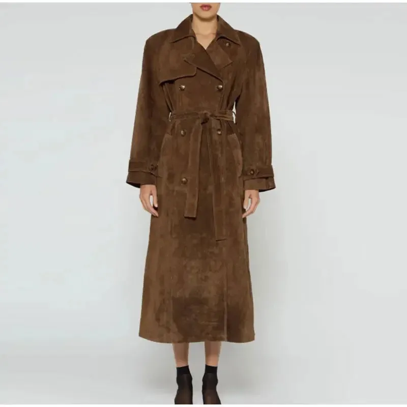 Elegant Suede Long Coat w/ Belt Double Button Lapel Windbreaker Coat New Fashion Oversized High Quality Jacket