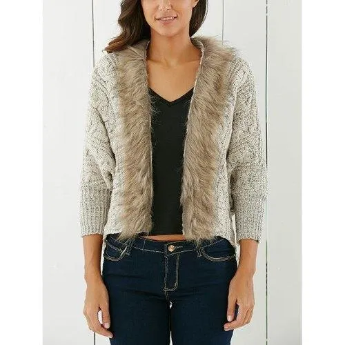 Fashionable Solid Color With Faux Fur Long Sleeve Women's Cardigan - Light Khaki One Size