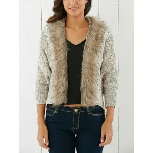 Fashionable Solid Color With Faux Fur Long Sleeve Women's Cardigan - Light Khaki One Size