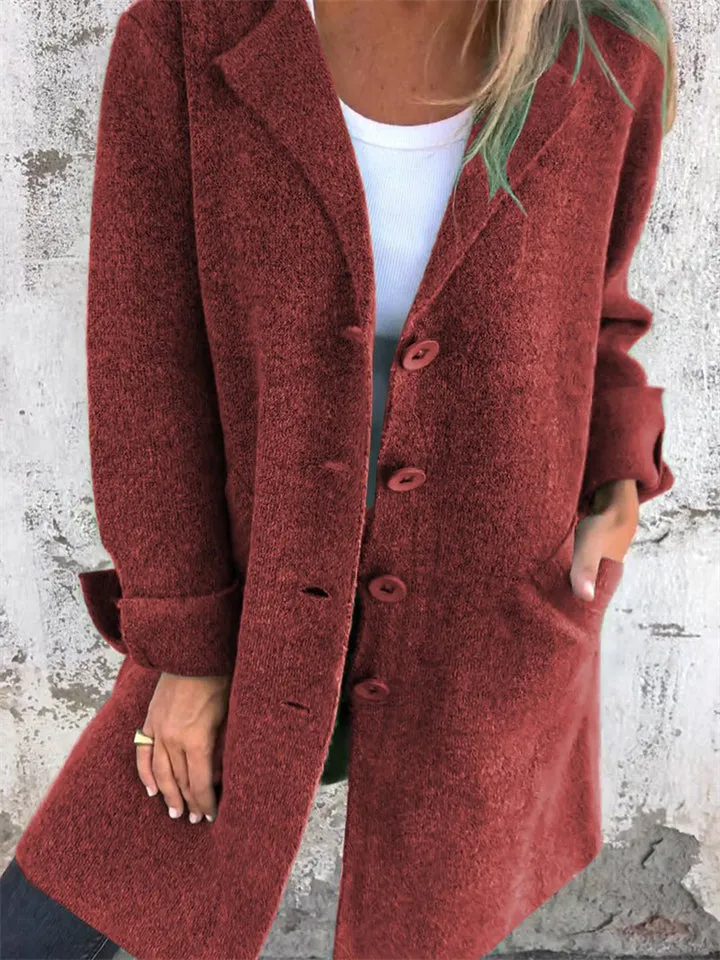 Female Single Breasted Turn-down Collar Mid-length Coat