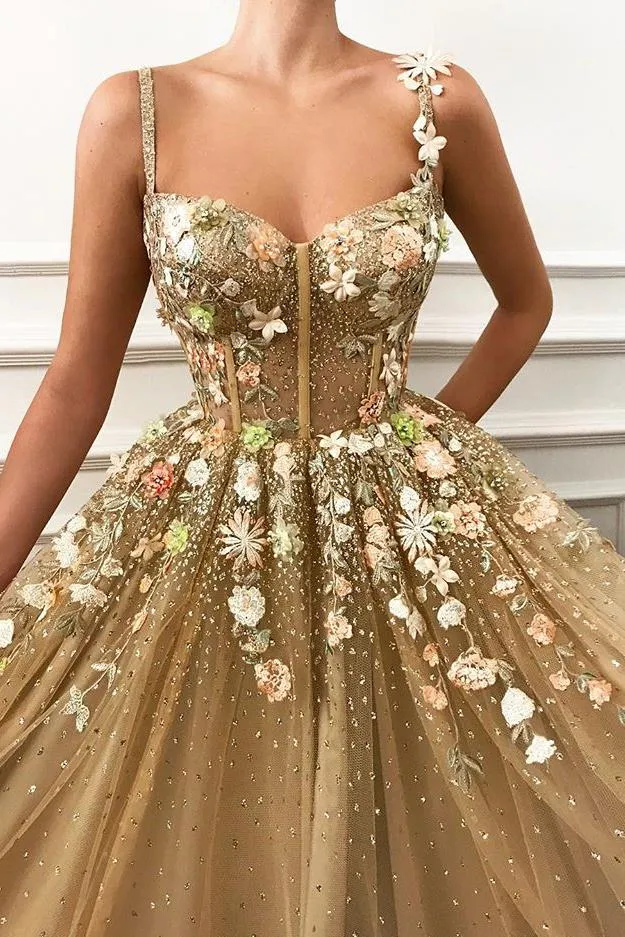 Gorgeous A-line Spaghetti Straps Flower Prom Dresses