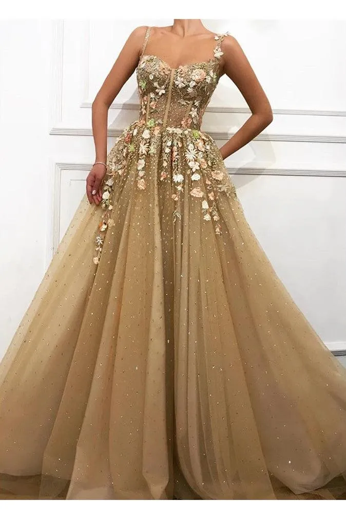 Gorgeous A-line Spaghetti Straps Flower Prom Dresses