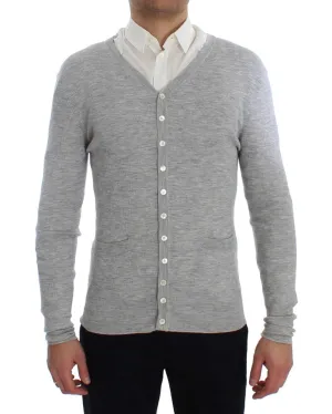Gray Cashmere Ribbed Cardigan Sweater